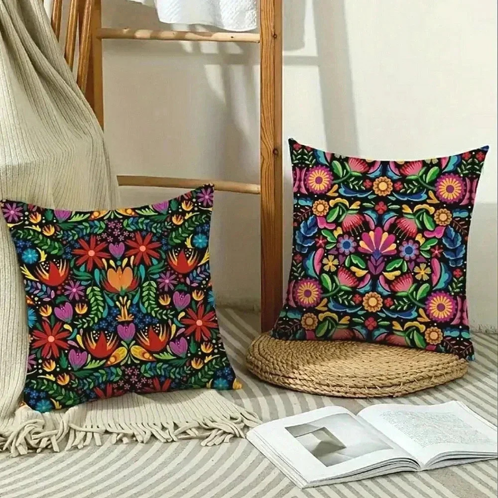 Summer Bright Art Boho Floral Pillow Colorful Slip-On Covers Set Of 2